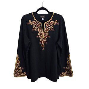 Bob Mackie Vintage Art To Wear Black Embroidered V Neck Tunic Top Size XL